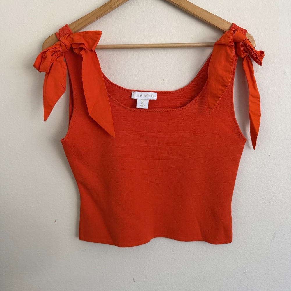 House of Harlow 1960 Orange Knit Tie Shoulder Tank Top Large Ribbed Square Neck